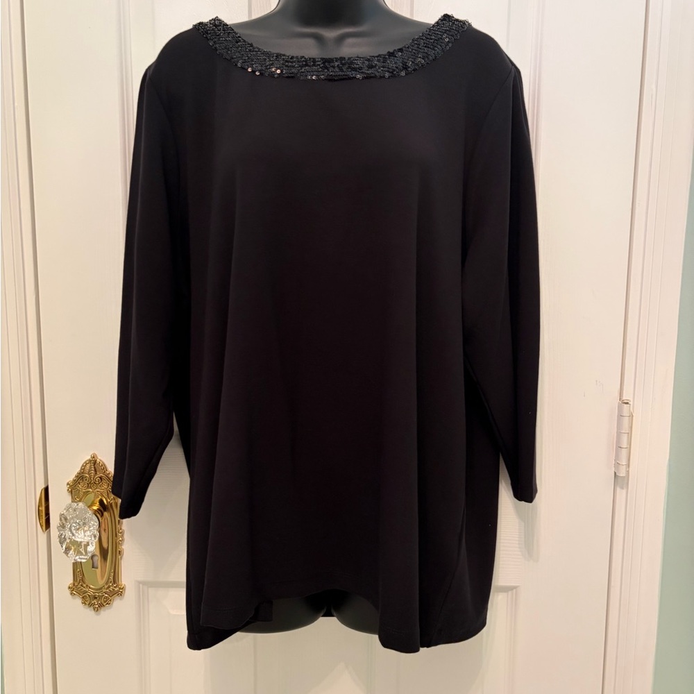 Cable & Gauge Black Blouse with Embellished Sequin Boat Neckline. Stretchy NWOT